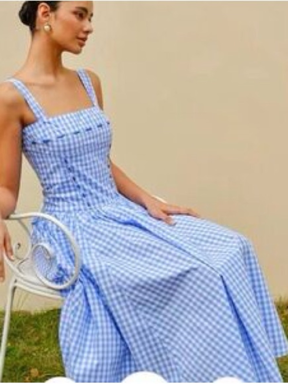 Commense Blue Gingham Midi Dress with Square Neck & Wide Straps - Picture 3 of 13